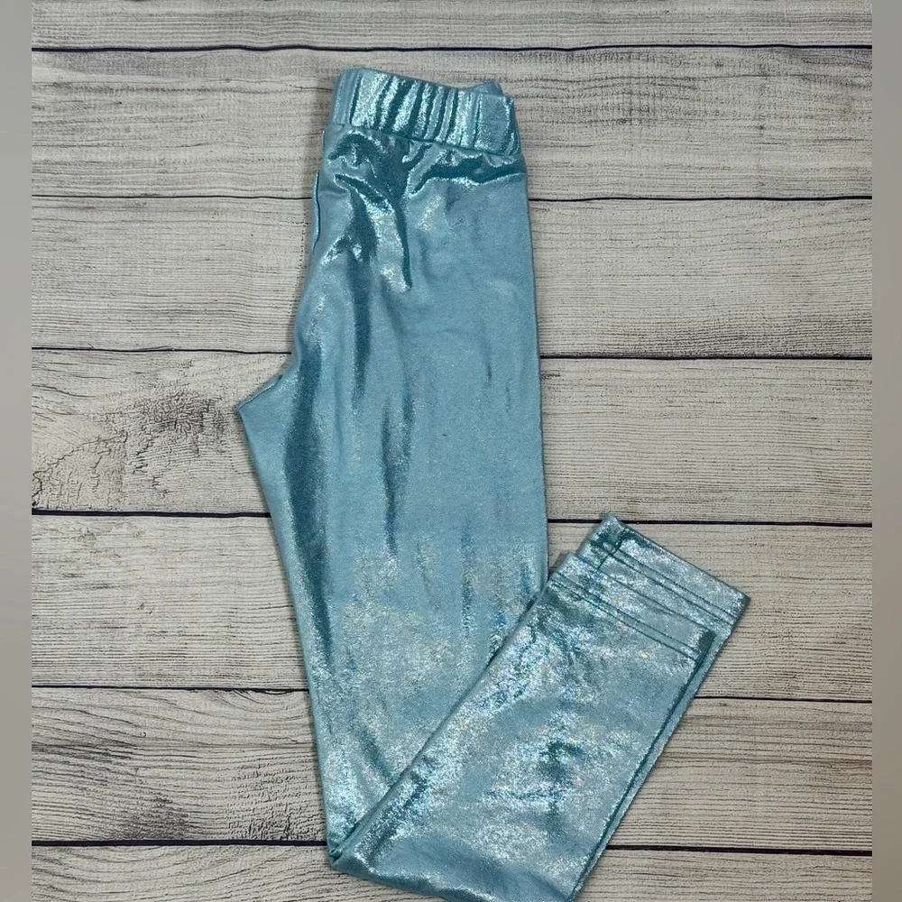 Girls Metallic Blue Shimmer Leggings Size L 10–12 NWT Stretch Elastic Waist